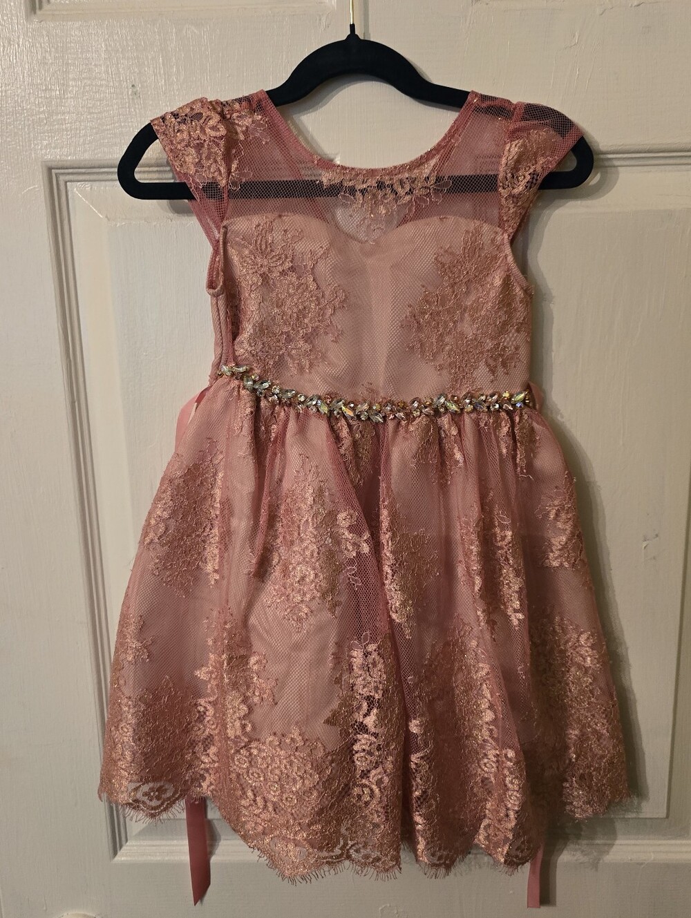 Rare Editions Rose Pink Lace Dress with Jewel Waist